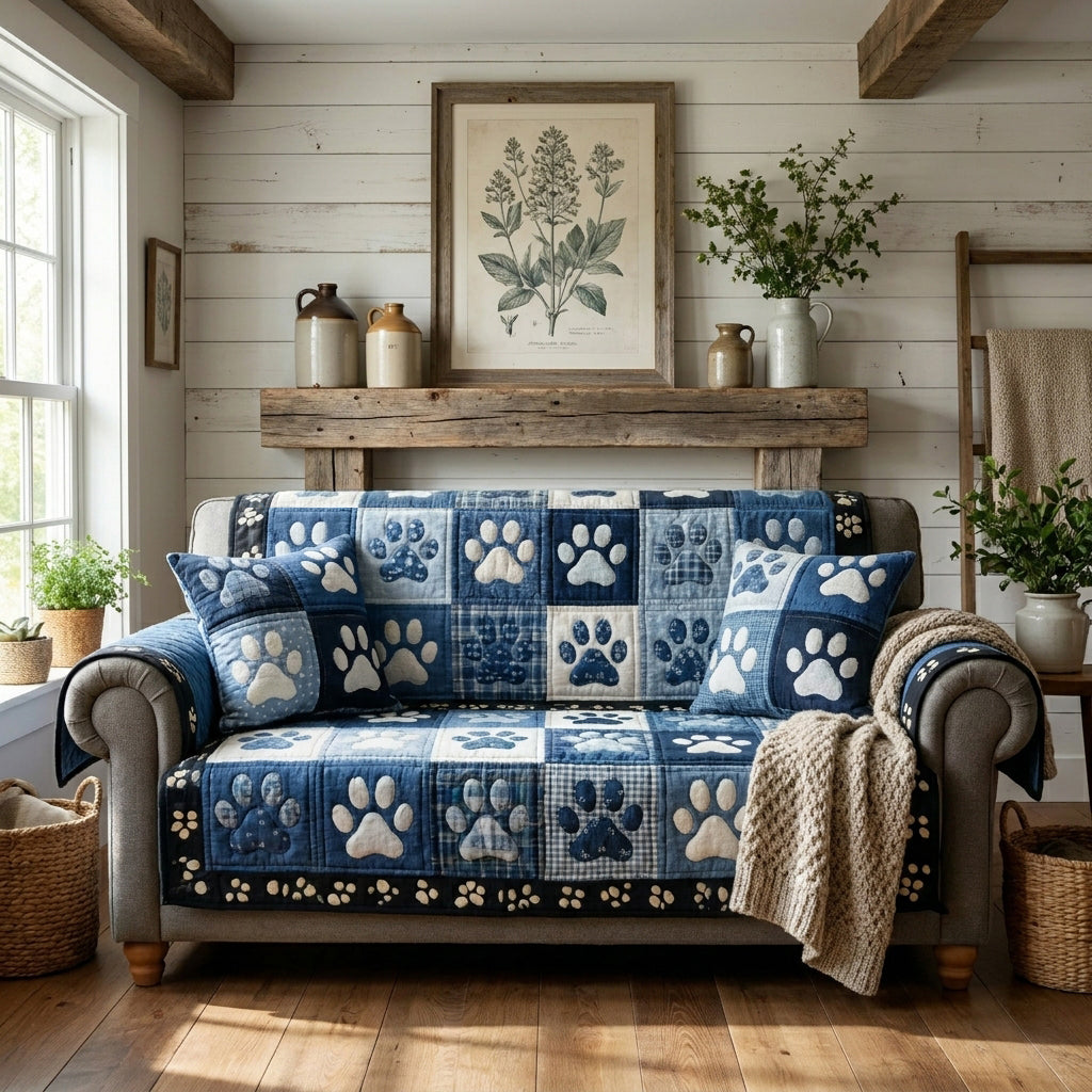 Blue quilted sofa cover with paw print patchwork panels