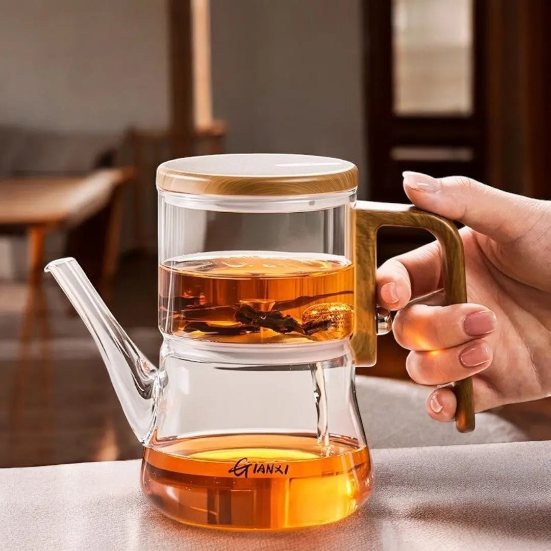 Clear glass teapot with magnetic tea chamber and wood-effect handle