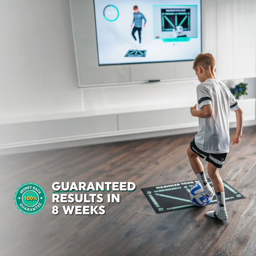 Black football training mat with turquoise arrows and numbered footwork positions