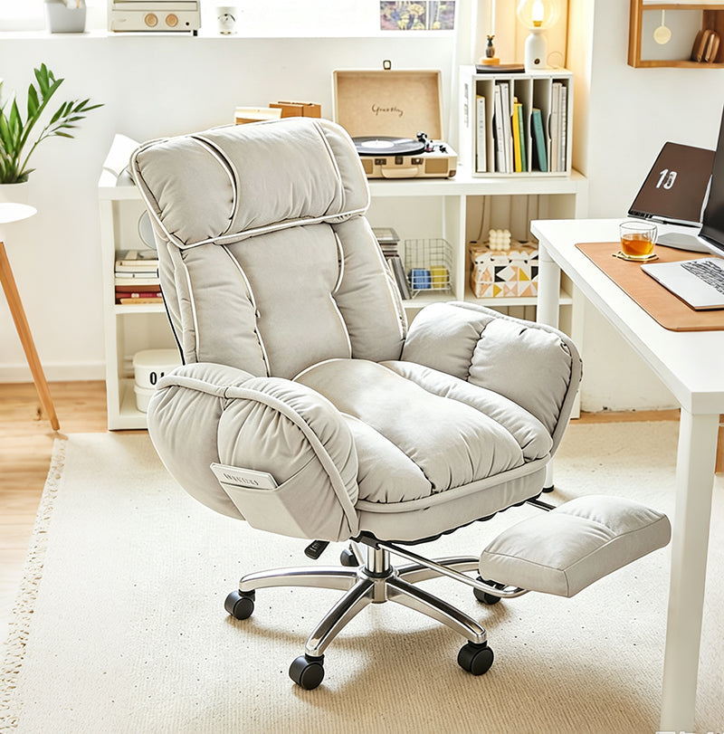 Padded reclining gaming office chair with armrests and wheeled swivel base