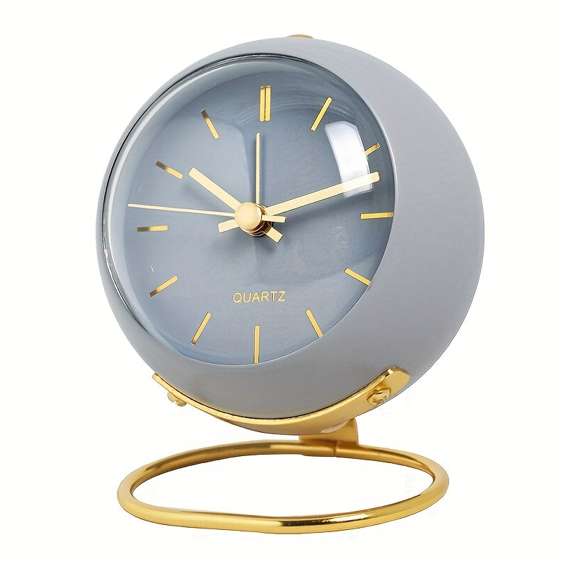 Round Scandinavian table clock with luminous hands and open stand