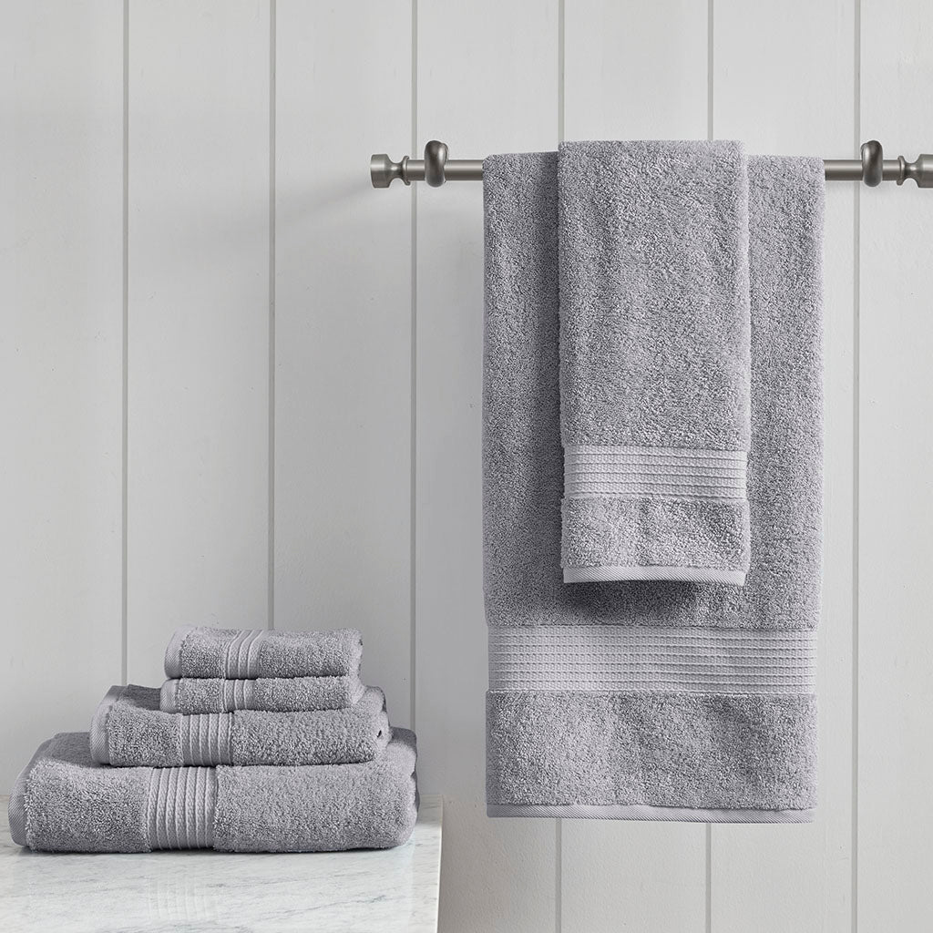 Six-piece textured towel set with ribbed border detailing