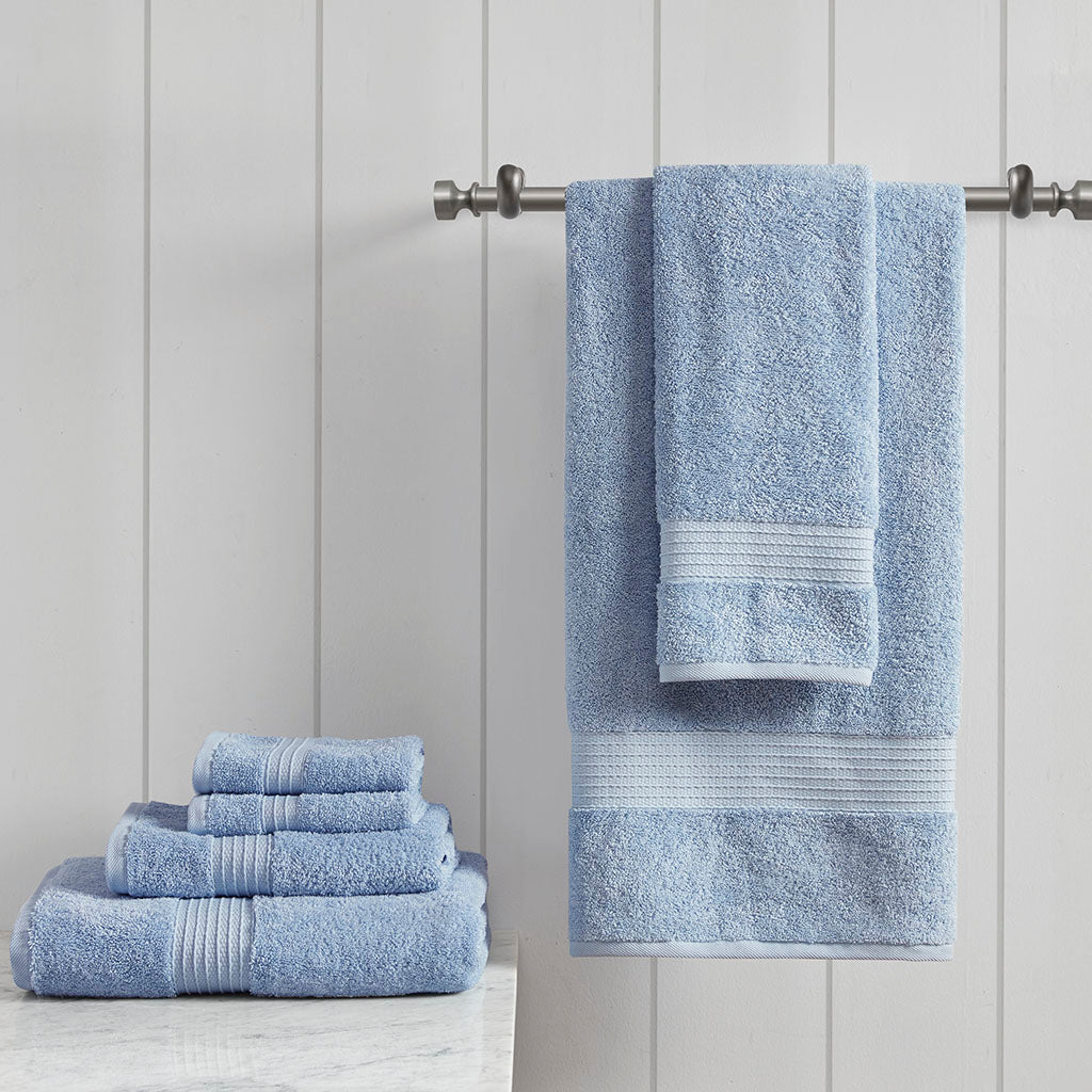 Six-piece textured towel set with ribbed border detailing