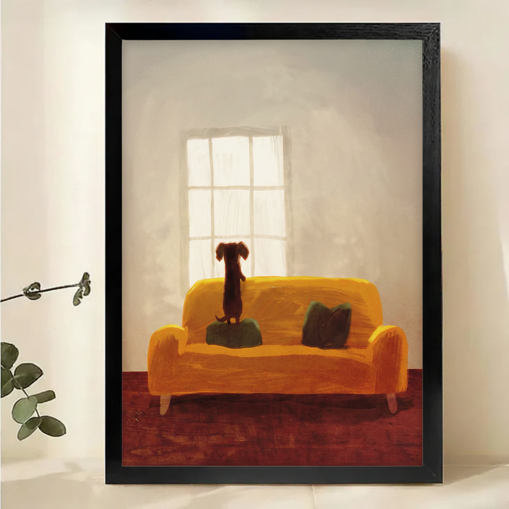 Dachshund standing on an orange sofa in a warm framed wall art print