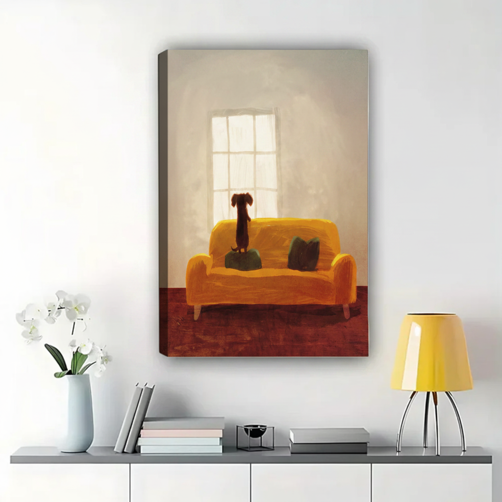 Dachshund standing on an orange sofa in a warm framed wall art print