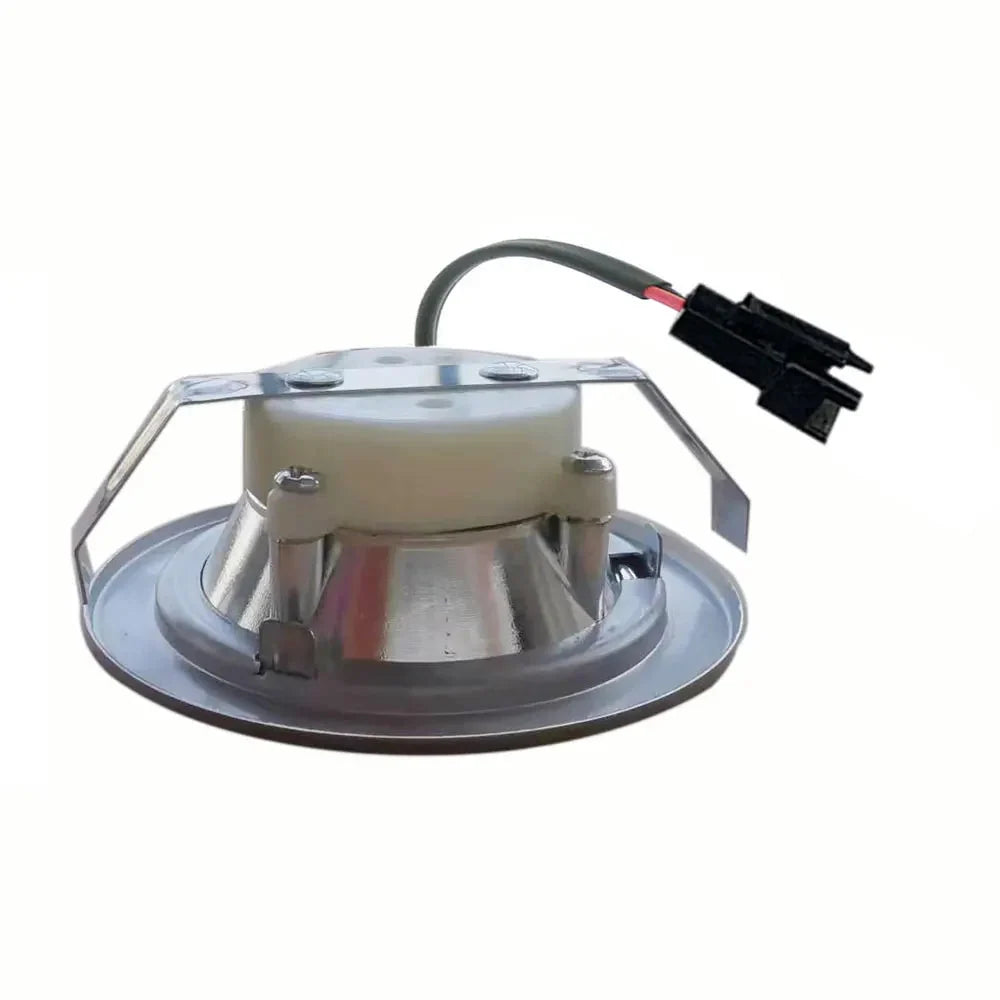 Two round brushed silver range hood light bulbs with frosted fronts and attached connectors