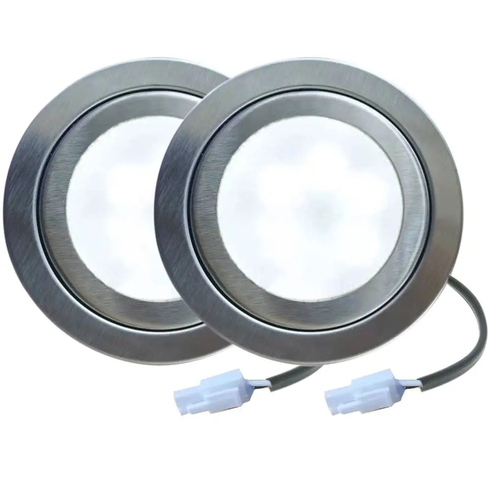 Two round brushed silver range hood light bulbs with frosted fronts and attached connectors
