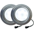 Two round brushed silver range hood light bulbs with frosted fronts and attached connectors