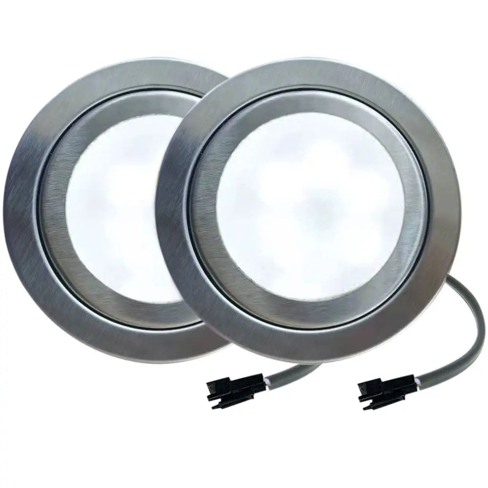 Two round brushed silver range hood light bulbs with frosted fronts and attached connectors