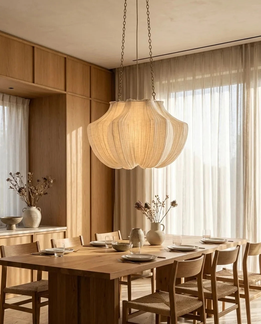 Beige pleated pendant ceiling light with chain suspension