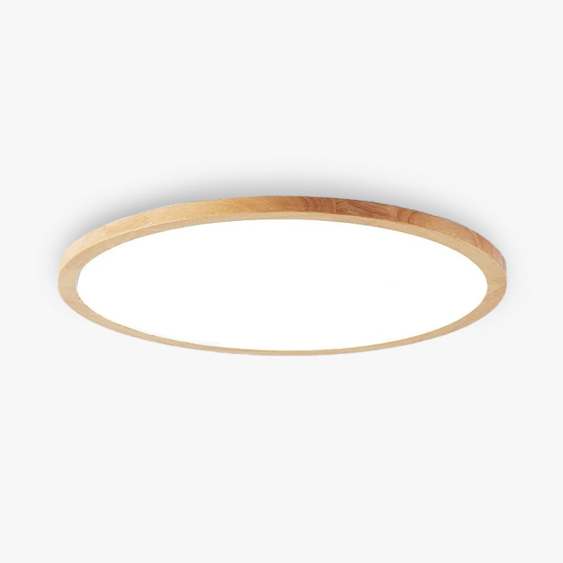 Round dimmable LED ceiling light with a light wood-effect surround
