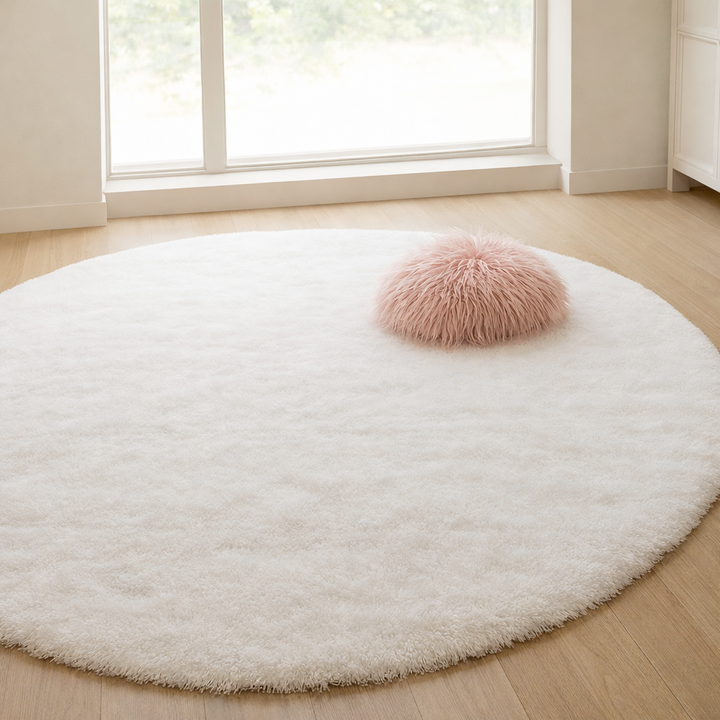 Round plush floor rug with a soft textured surface