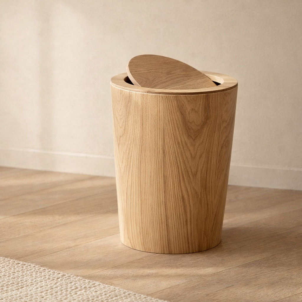 Brown cylindrical kitchen bin with wood-effect finish and rotating lid