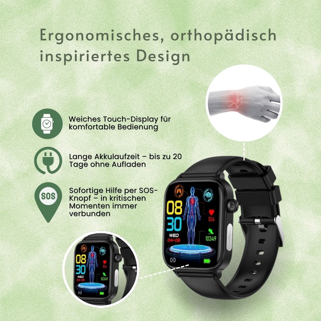 Smartwatch with rectangular digital display, SOS function and adjustable strap