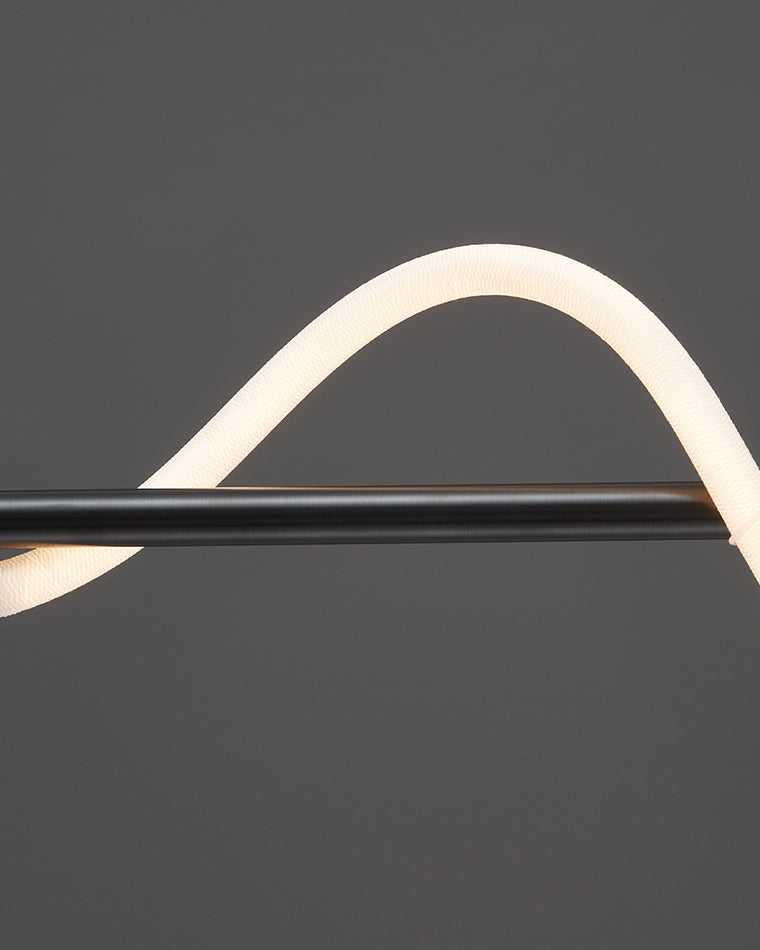 Linear LED rope chandelier with looped light element and suspended ceiling bar