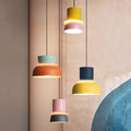 Colourful LED pendant light with a layered rounded shade and hanging cord