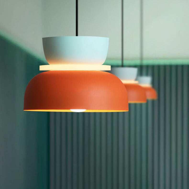 Colourful LED pendant light with a layered rounded shade and hanging cord