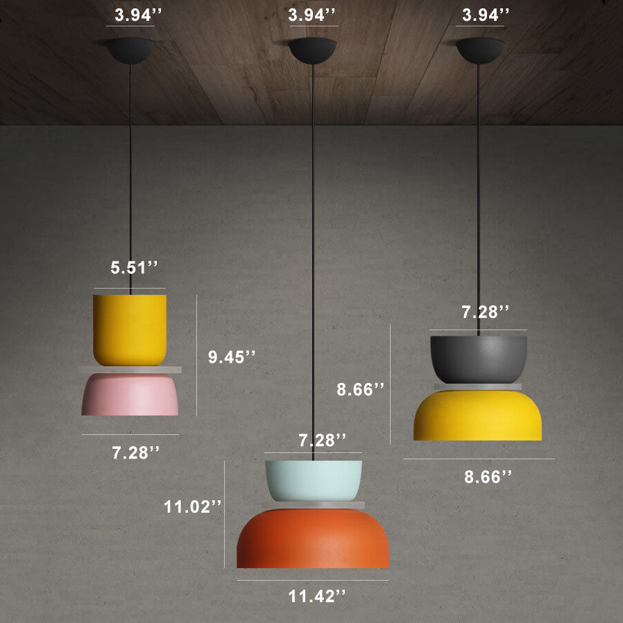 Colourful LED pendant light with a layered rounded shade and hanging cord
