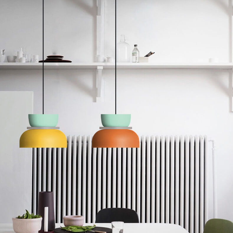 Colourful LED pendant light with a layered rounded shade and hanging cord