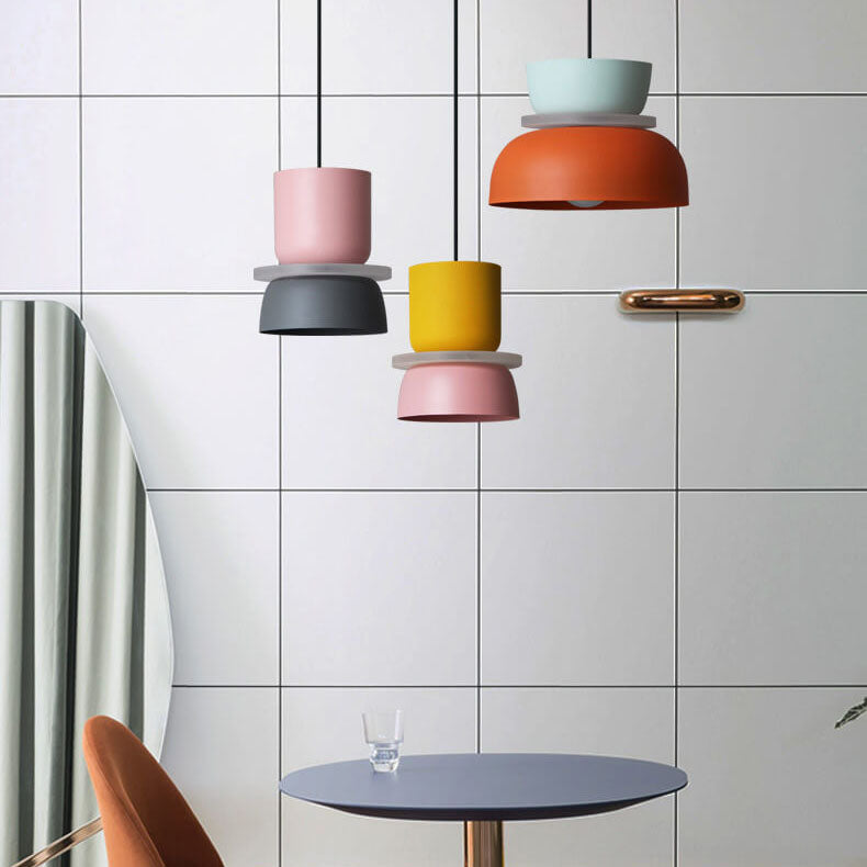 Colourful LED pendant light with a layered rounded shade and hanging cord