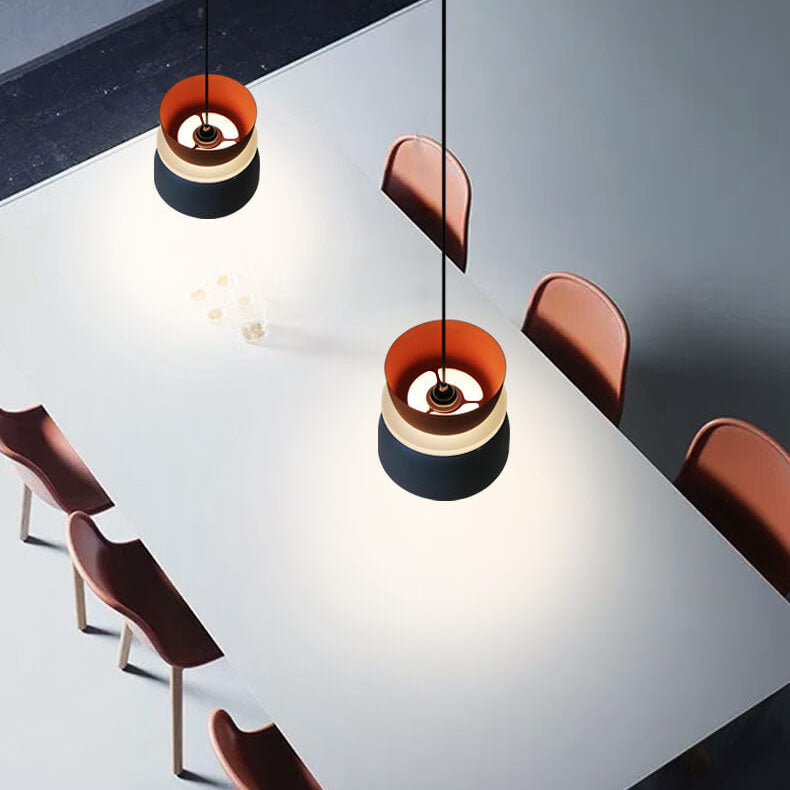 Colourful LED pendant light with a layered rounded shade and hanging cord