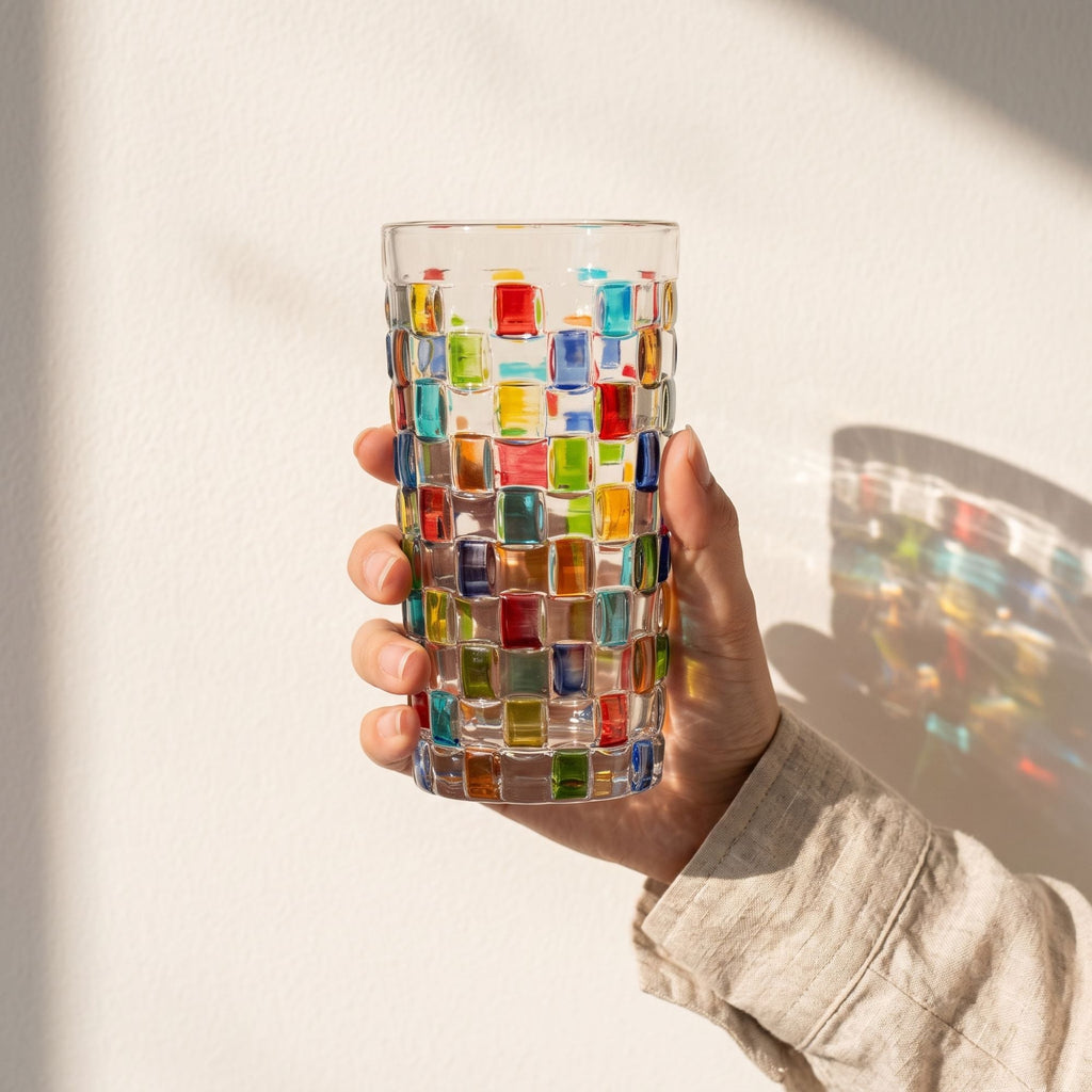 Clear glass tumbler with colourful hand-painted mosaic square design