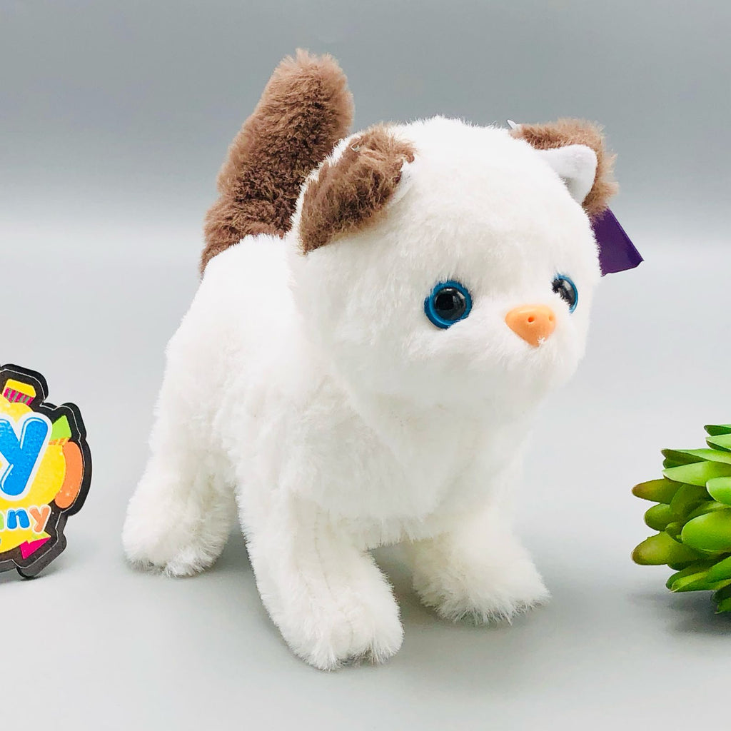 Walking plush cat toy with sound in white and orange colourways
