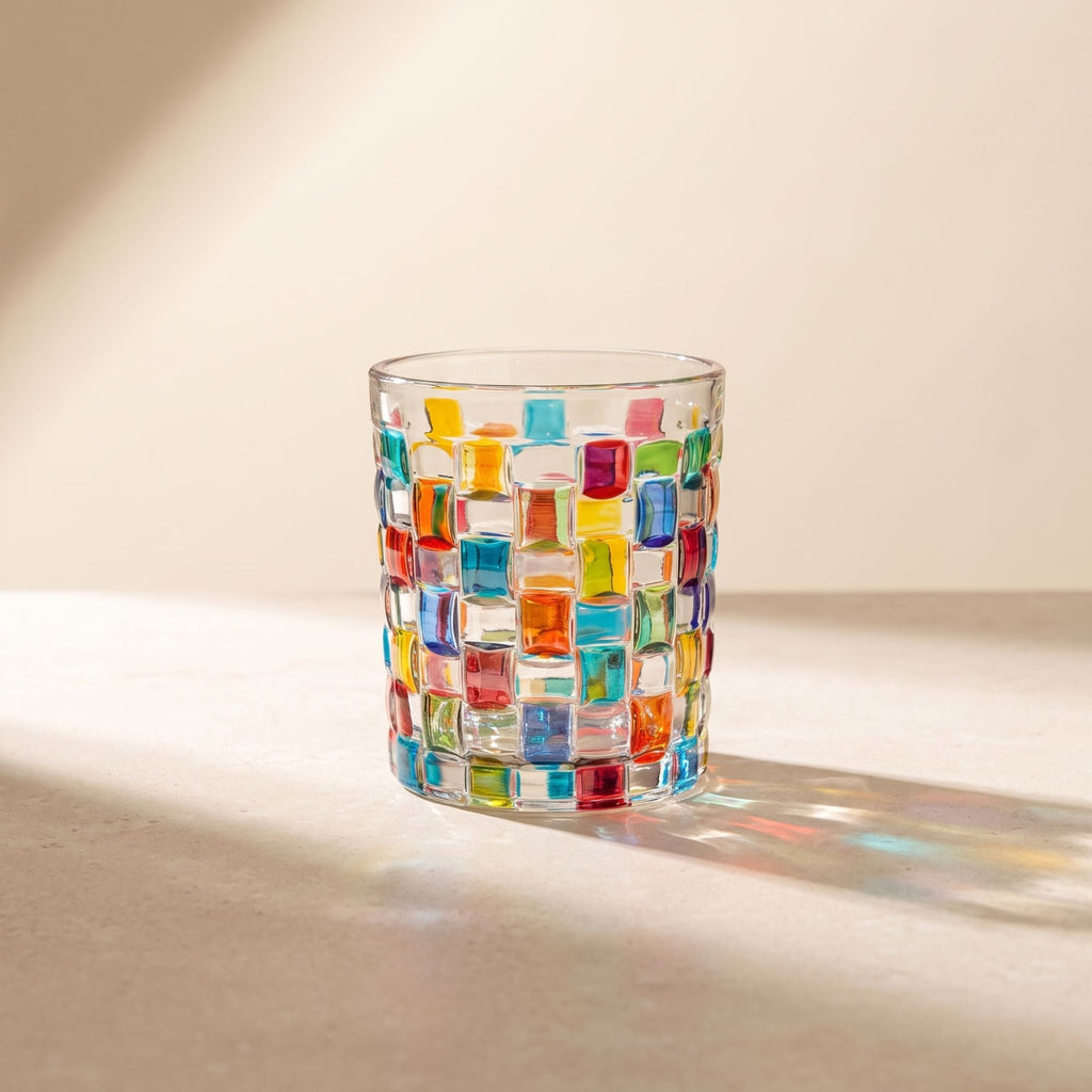 Clear glass tumbler with colourful hand-painted mosaic square design