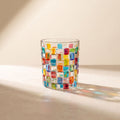 Clear glass tumbler with colourful hand-painted mosaic square design