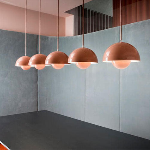 Dome pendant light with half-sphere shade and spherical diffuser