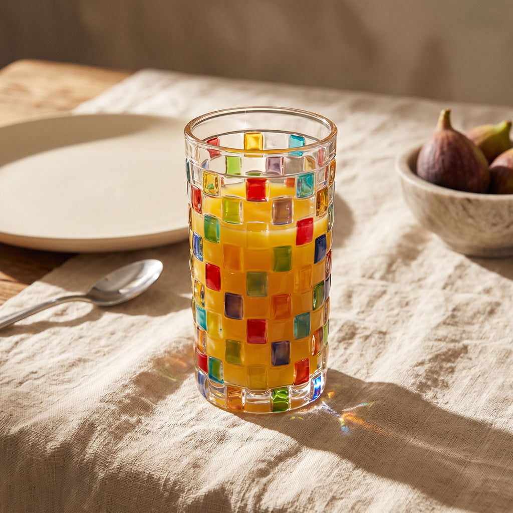 Clear glass tumbler with colourful hand-painted mosaic square design
