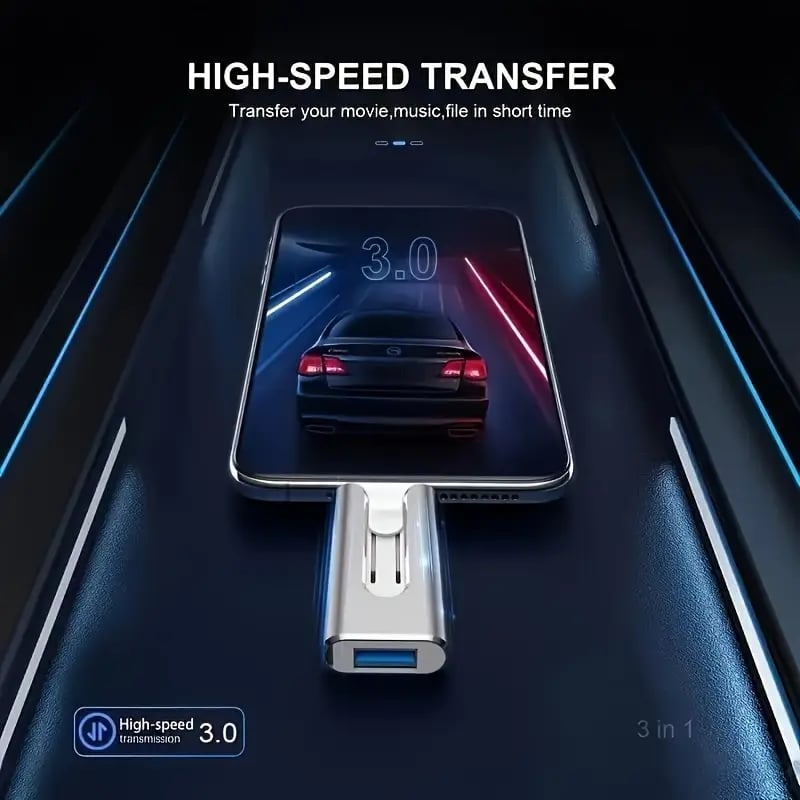 Compact 4-in-1 USB flash drive with sliding multi-connector design and separate adapter
