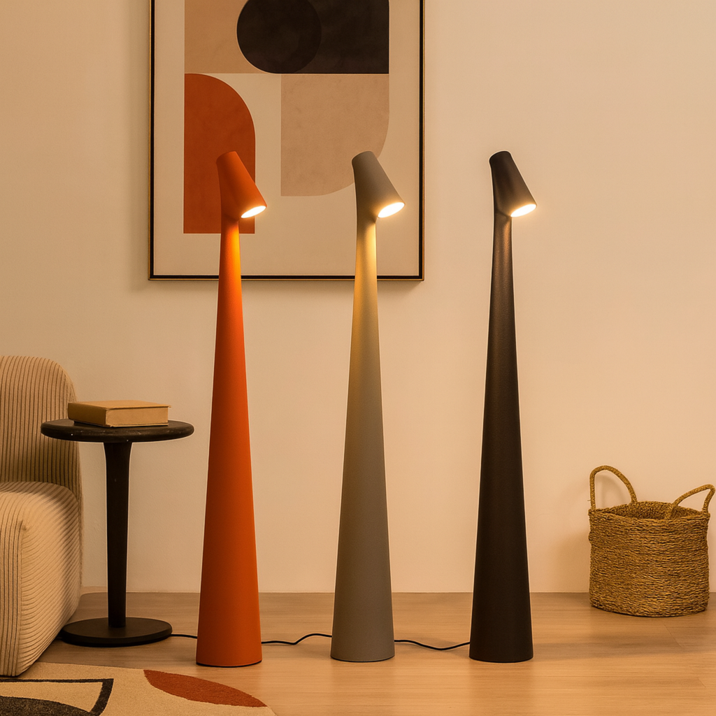 Rechargeable conical table lamp with an angled downward-facing shade