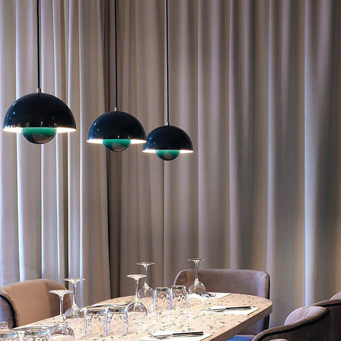 Dome pendant light with half-sphere shade and spherical diffuser