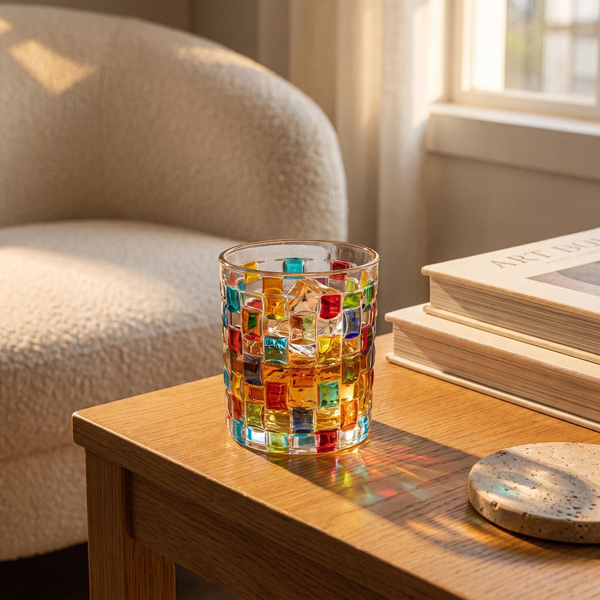 Clear glass tumbler with colourful hand-painted mosaic square design