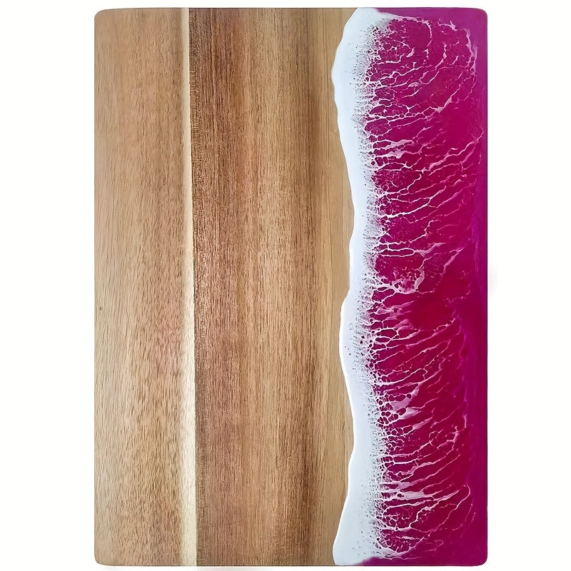 Rectangular wood-grain cutting board with an ocean-inspired resin wave edge