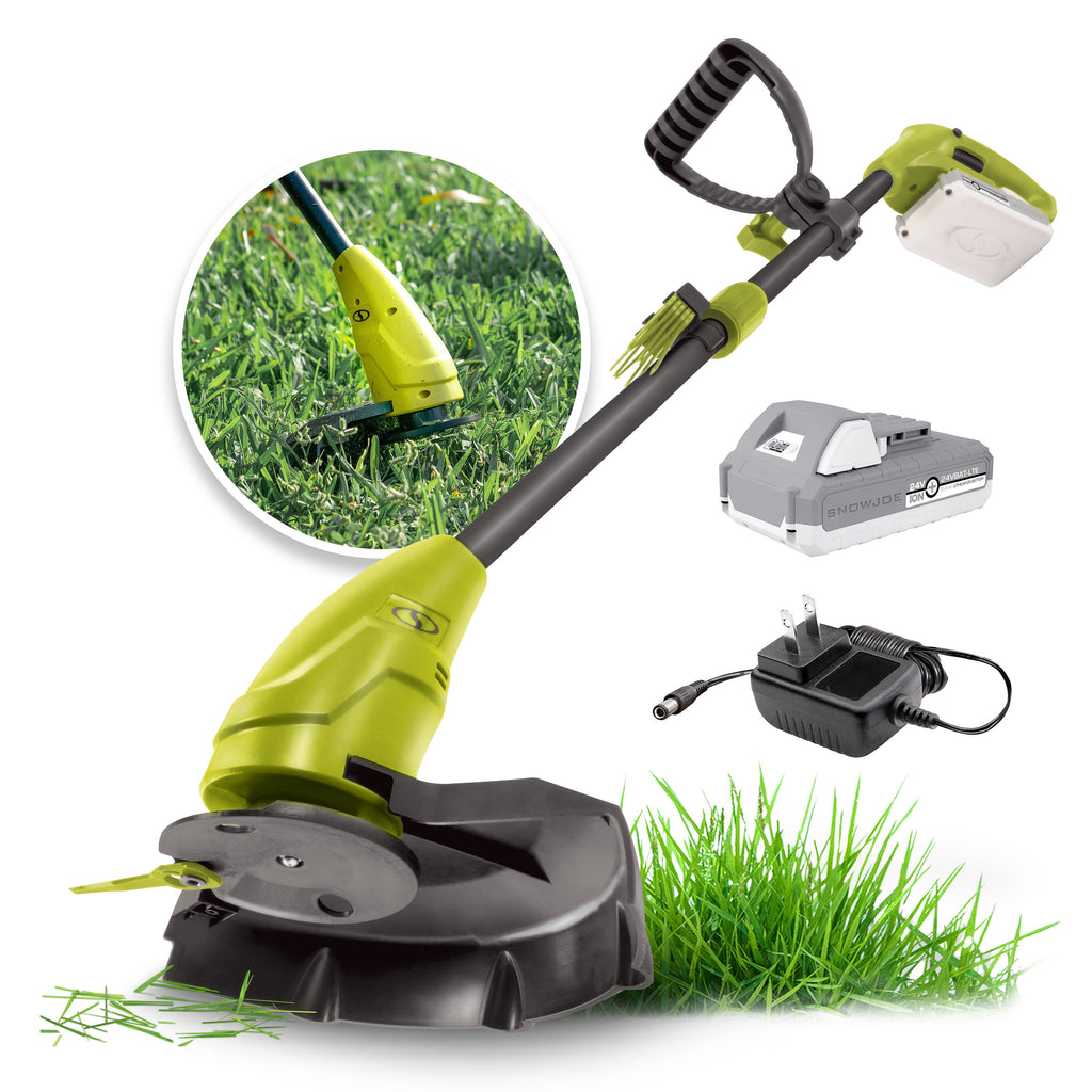 Green cordless hedge trimmer and stringless grass trimmer kit with battery and charger