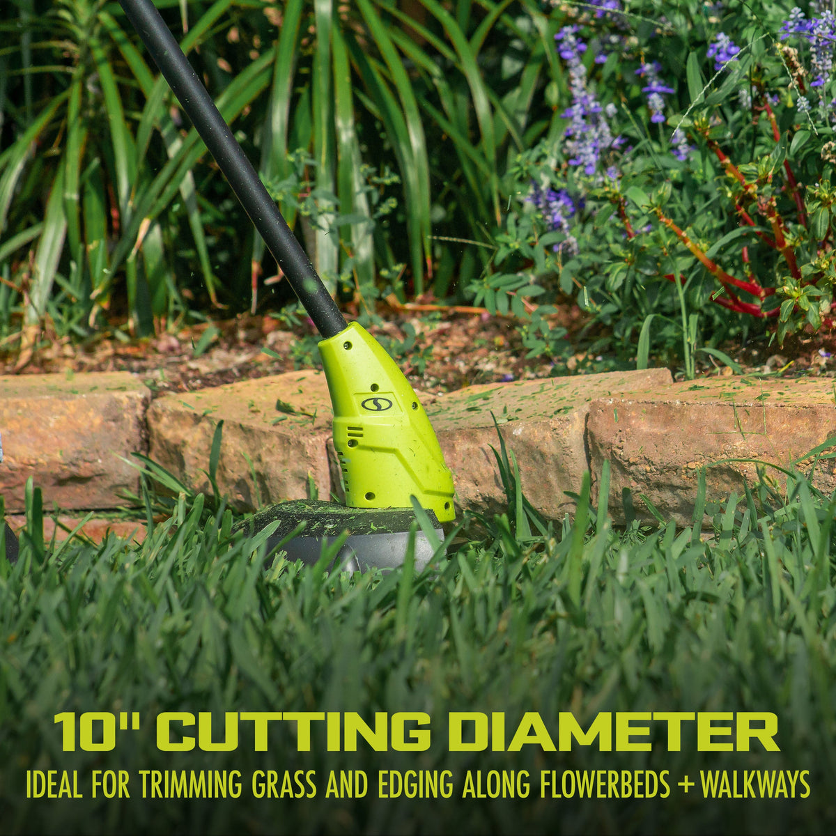 Green cordless hedge trimmer and stringless grass trimmer kit with battery and charger