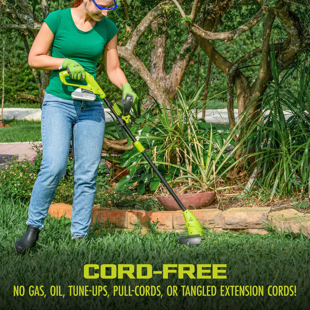 Green cordless hedge trimmer and stringless grass trimmer kit with battery and charger