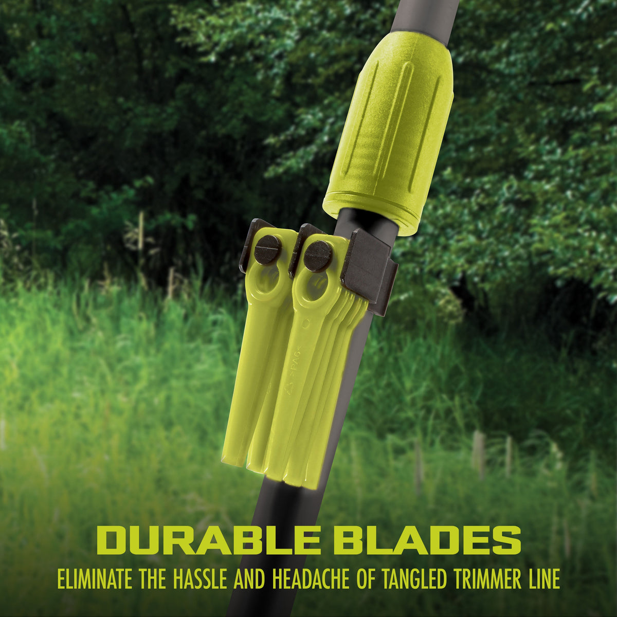Green cordless hedge trimmer and stringless grass trimmer kit with battery and charger