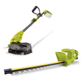 Green cordless hedge trimmer and stringless grass trimmer kit with battery and charger
