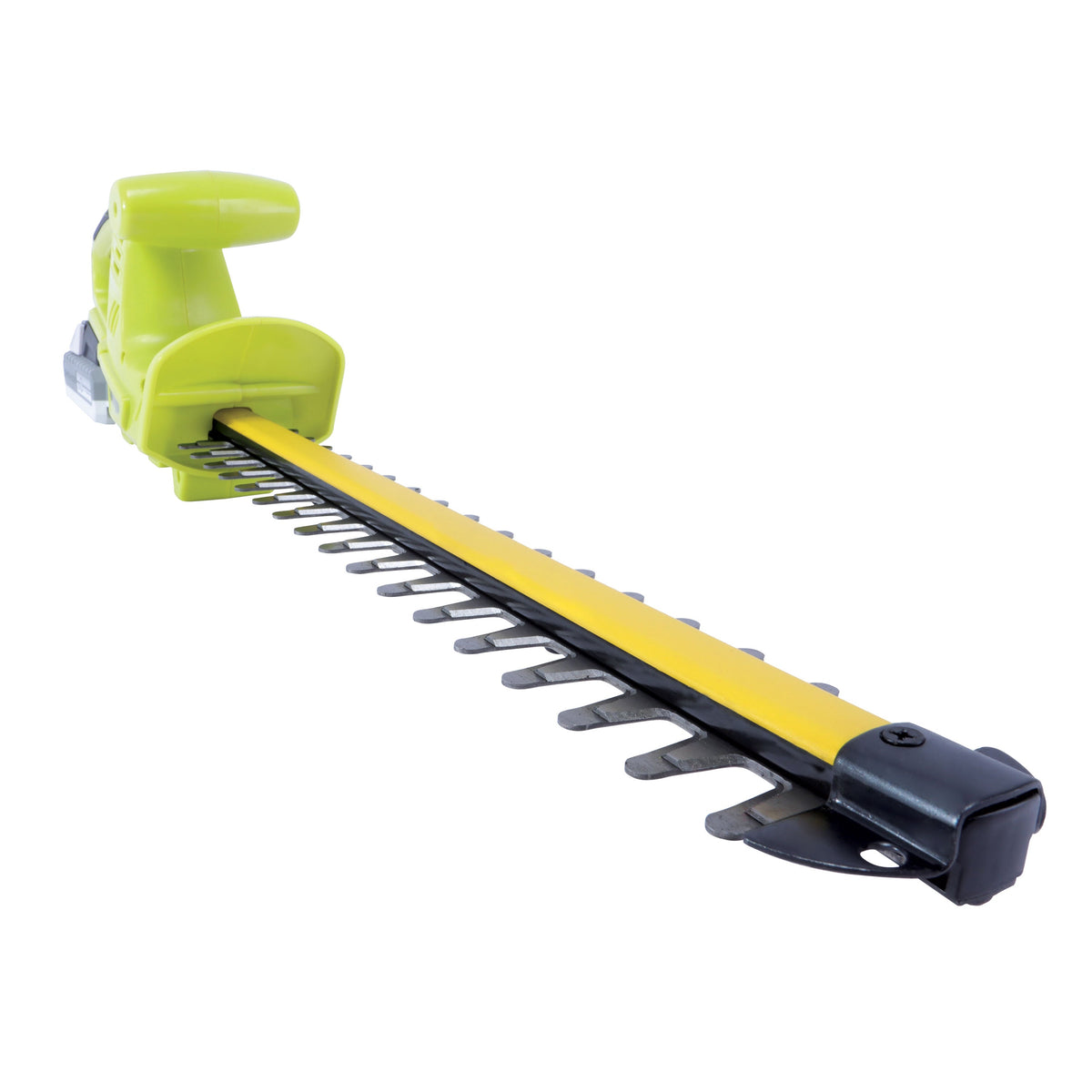Green cordless hedge trimmer and stringless grass trimmer kit with battery and charger