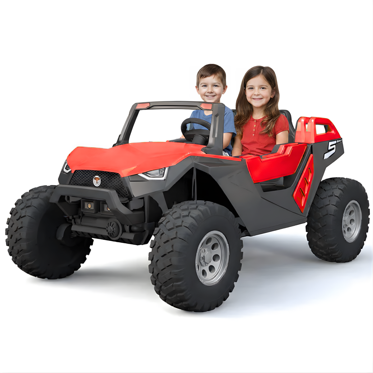 Red 24V 4x4 children's ride-on UTV with two seats and rubber wheels