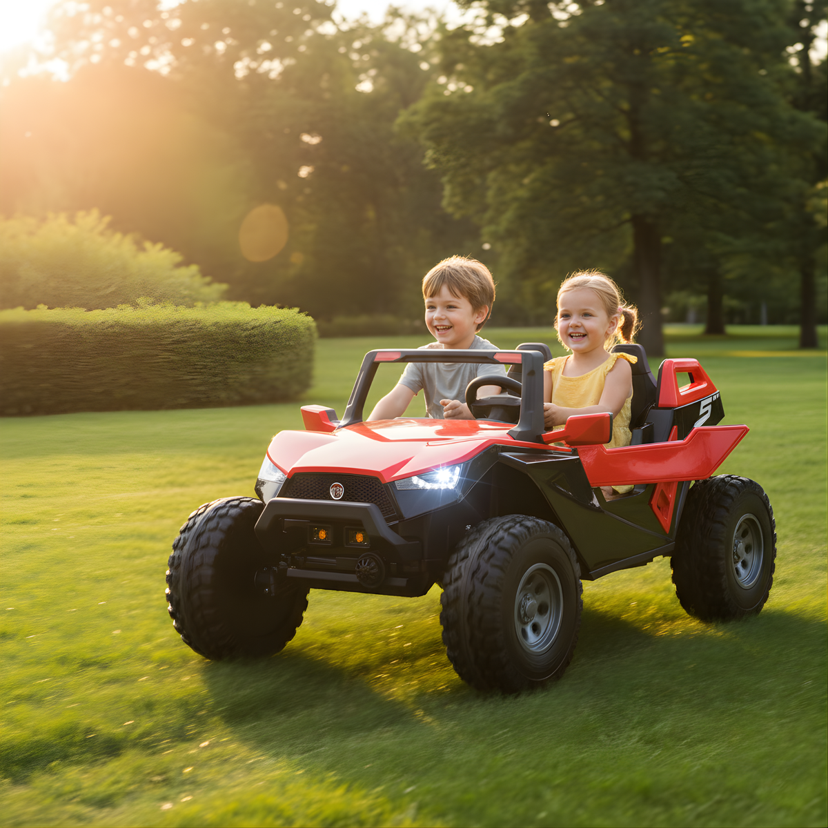 Red 24V 4x4 children's ride-on UTV with two seats and rubber wheels