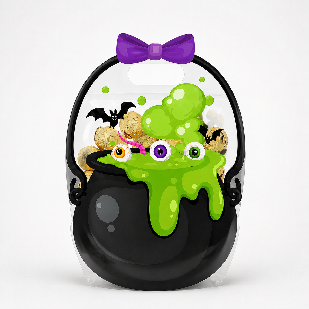 Transparent Halloween party favour bags with pumpkin and cauldron designs