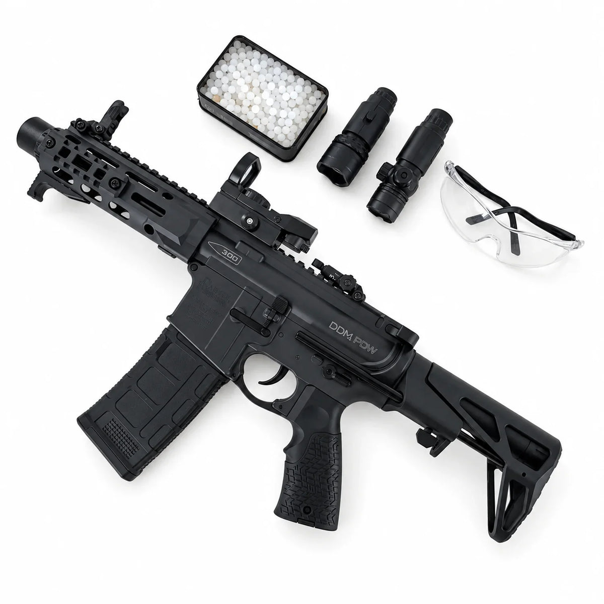 Black gel blaster rifle with magazine, optics, gel beads, USB cable and safety glasses
