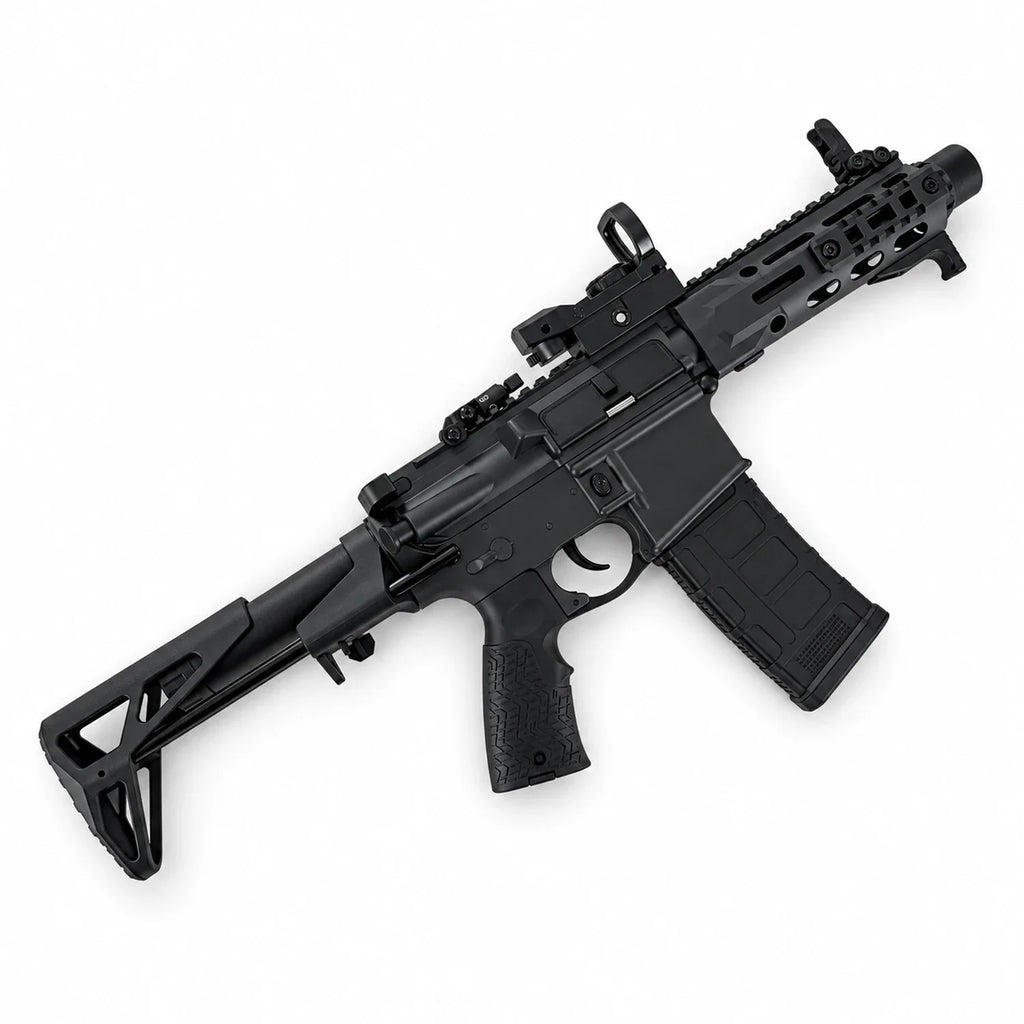 Black gel blaster rifle with magazine, optics, gel beads, USB cable and safety glasses