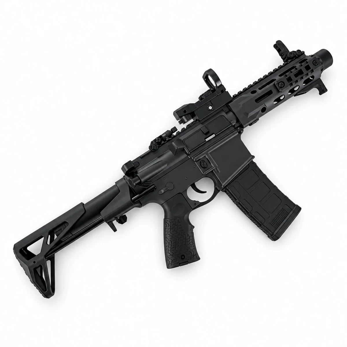 Black gel blaster rifle with magazine, optics, gel beads, USB cable and safety glasses