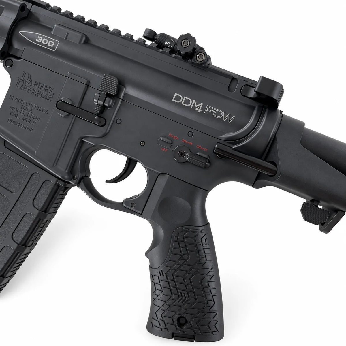 Black gel blaster rifle with magazine, optics, gel beads, USB cable and safety glasses
