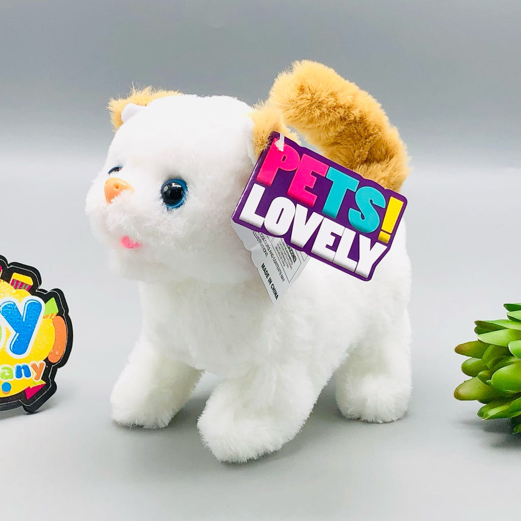 Walking plush cat toy with sound in white and orange colourways